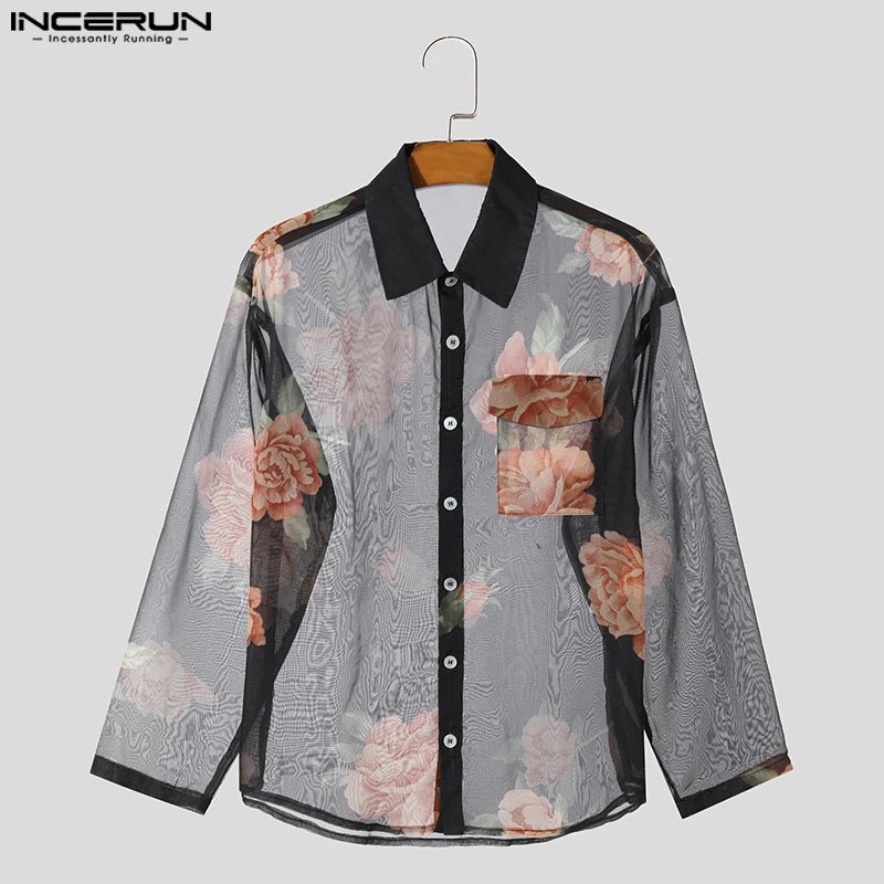 INCERUN Tops 2024 American Style Men's Chiffon Printed Pattern Shirts Sexy Male See-through Thin Long Sleeved Lapel Blouse S-5XL