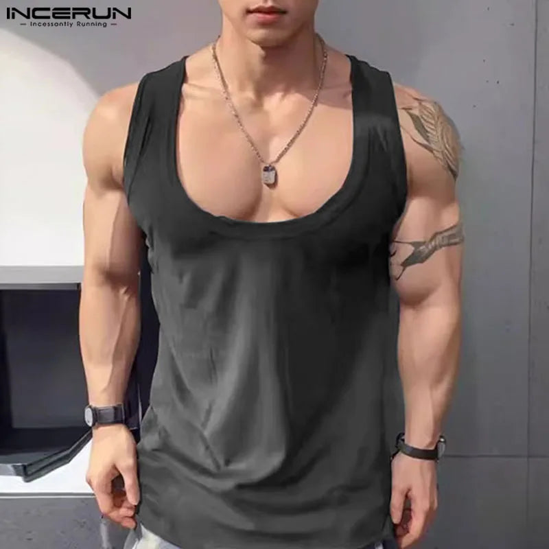 INCERUN Tops 2024 Koreanischen Stil männer Solide Elastische Unterseite U-förmigen Westen Casual Streetwear Alle-spiel Ärmellose Tank tops S-5XL