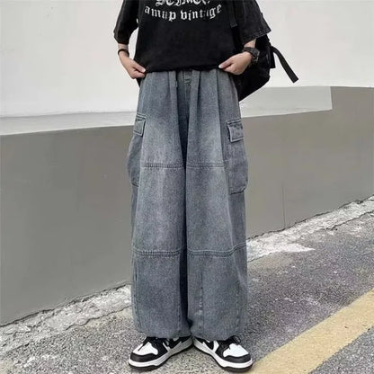 HOUZHOU Y2k Baggy Cargo Jeans for Men Oversize Wide Leg Denim Pants Male Hip Hop Trousers Pockets Streetwear Loose Patchwork