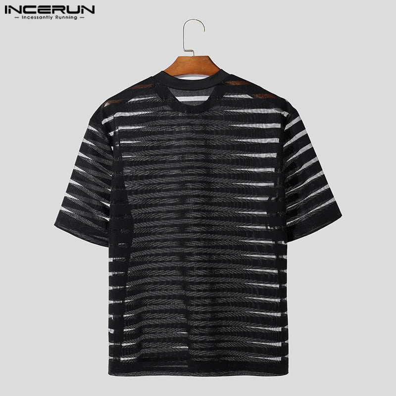 INCERUN Tops 2023 Korean Style Men Fashion O-neck Horizontal Stripe T-shirt Casual Sexy See-through Short Sleeved Camiseta S-5XL