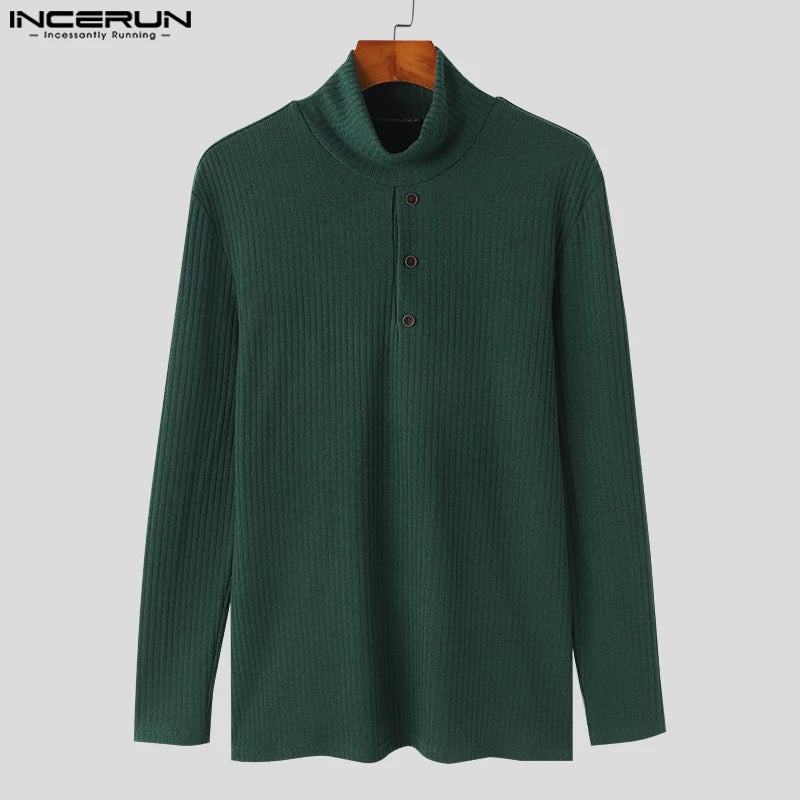 INCERUN Pull à manches longues pour homme, joli haut bien ajusté, couleur unie, col haut, décontracté, automne-hiver, S-5XL