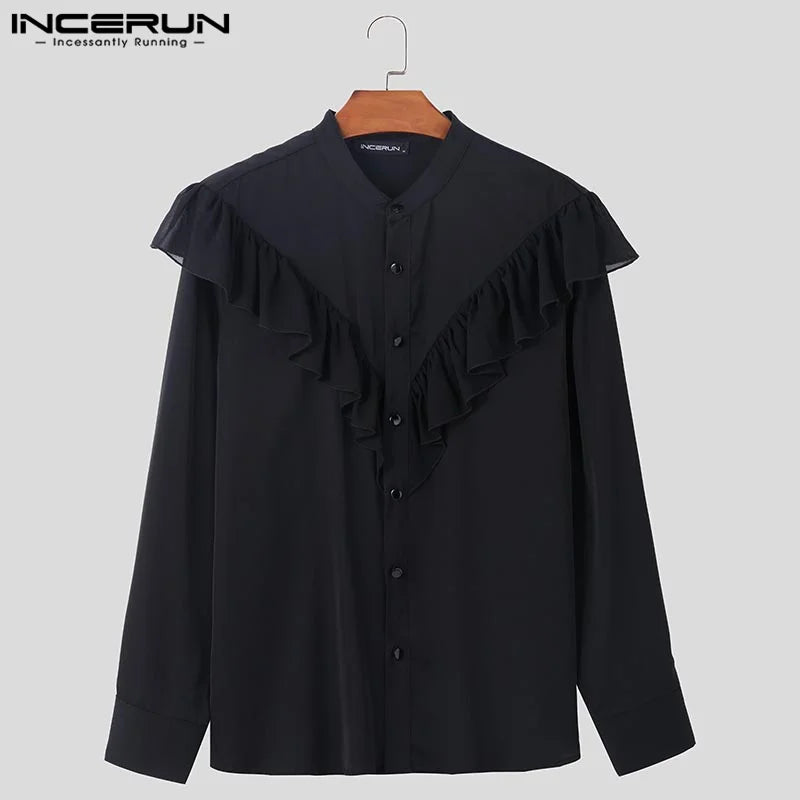 Fashion Well Fitting Tops INCERUN New Mens Ruffle Design Shirts Casual Party Shows Male Hot Sale Solid Long Sleeved Blouse S-5XL