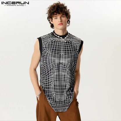 INCERUN Tops 2024 American Style Fashionable New Men Ripple Line Design Vests Casual Fit Patchwork Irregular Hem Tank Tops S-5XL