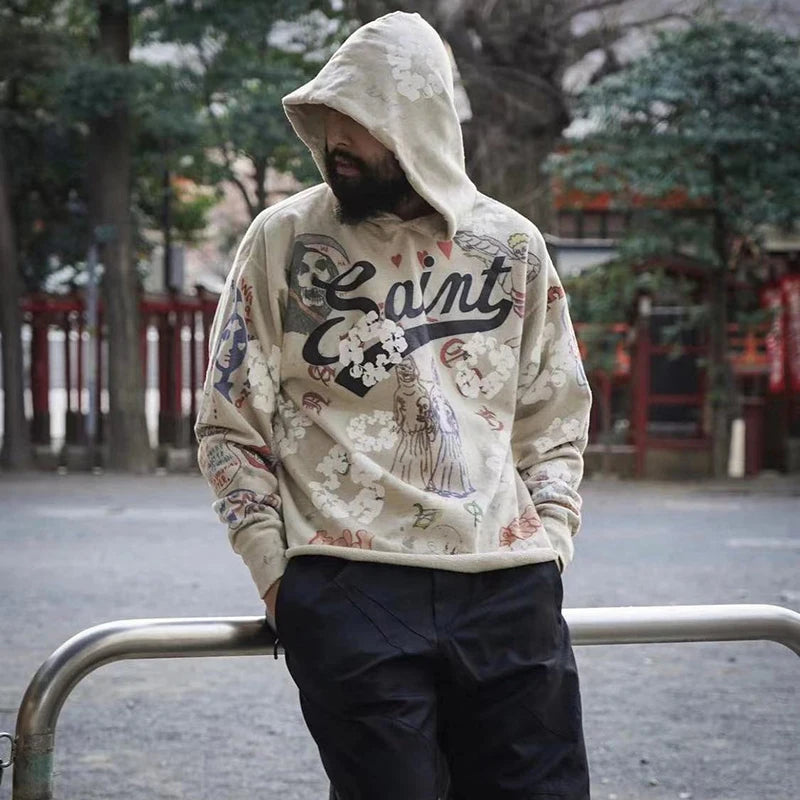 Harajuku Retro Kapok Graffit Casual Hooded Hoodies Men and Women Streetwear Oversized Terry Sweatshirts Loose Hip Hop Hoody