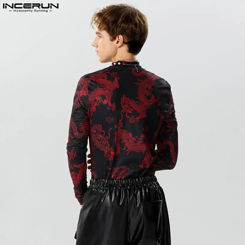 INCERUN Tops 2023 Style Américain Mode Hommes Rétro Dragon Totem Motif T-shirts Décontracté Personnalisé À Manches Longues Camiseta S-5XL