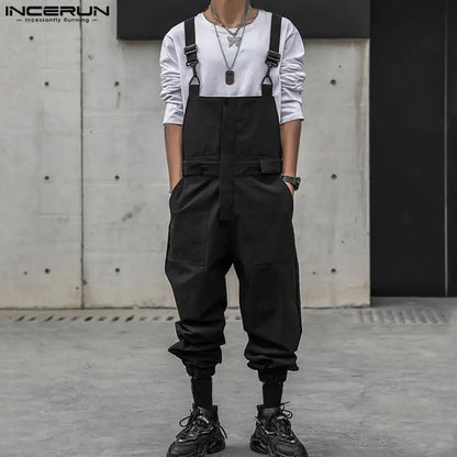 INCERUN 2024 Korean Style Bodysuits New Mens Cargo Overall Jumpsuits Casual Streetwear Male Summer Solid All-match Rompers S-5XL