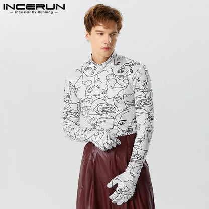 Fashion Personality New Men Tops INCERUN Art Abstract Face Pattern T-shirts Casual Streetwear Thimble Long Sleeve Camiseta S-3XL