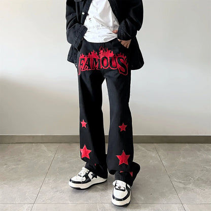 HOUZHOU Y2K Jeans Men Embroidery Denim Pants Star Red Print Black Trousers Male Streetwear Hip Hop Casual Vintage Plus Size 4XL