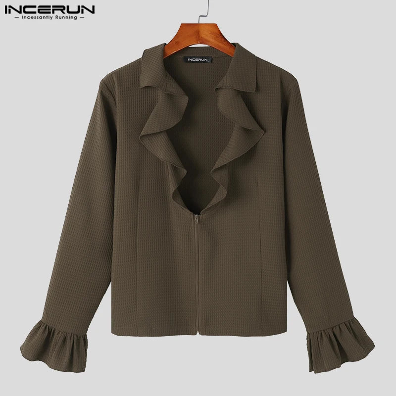 Handsome Well Fitting Tops INCERUN Men Ruffle Neck Texture Design Shirt Fashion Personality Male Solid Long Sleeved Blouse S-5XL