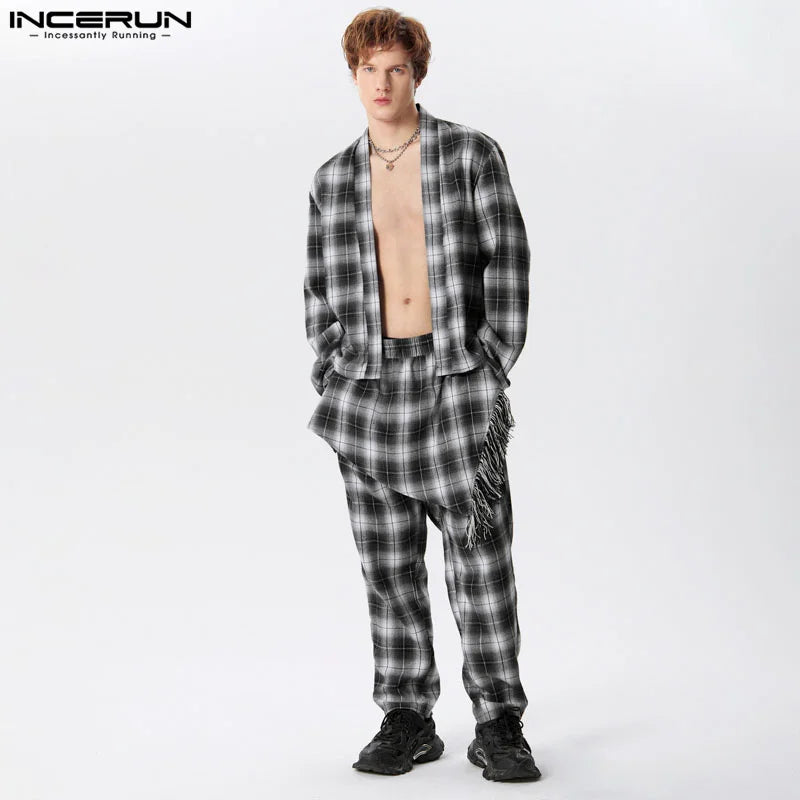 INCERUN 2024 Amerikanischen Stil Neue Männer Sets Plaid Cardigan Gefälschte Zwei-stück Design Lange Hosen Casual Streetwear Zwei-stück Sets S-5XL