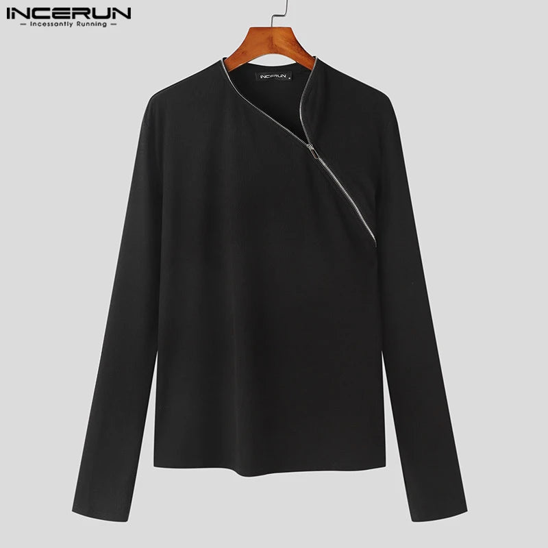 2023 Men's T Shirt Zipper Solid Color Long Sleeve Fashion Men Clothing Streetwear Fitness Korean Casual Tee Tops S-5XL INCERUN