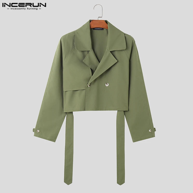 INCERUN Tops 2023 Amerikanischen Stil Hübsche Neue Männer Solide Cropped Tie Up Design Jacke Casual Männlichen Revers Trenchcoat Mäntel S-5XL