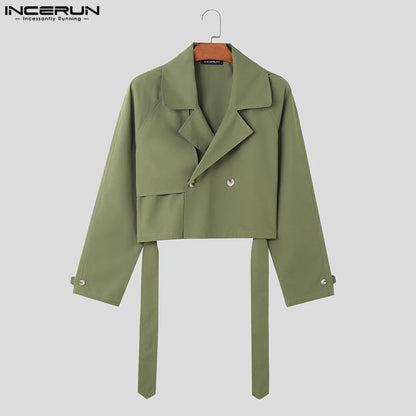 INCERUN Tops 2023 American Style Handsome New Men Solid Cropped Tie Up Design Jacket Casual Male Lapel Trench Jacket Coats S-5XL