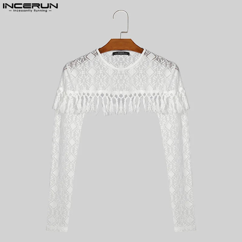 INCERUN Tops 2024 Mode für Männer Quaste Patchwork Spitze Mesh Cropped Design T-shirts Sexy Casual Dünne Lange Ärmeln Camiseta S-5XL