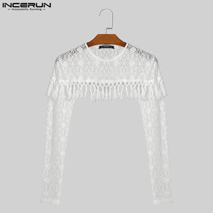 INCERUN Tops 2024 Mode Hommes Gland Patchwork Dentelle Maille Court Design T-shirts Sexy Décontracté Mince Manches Longues Camiseta S-5XL