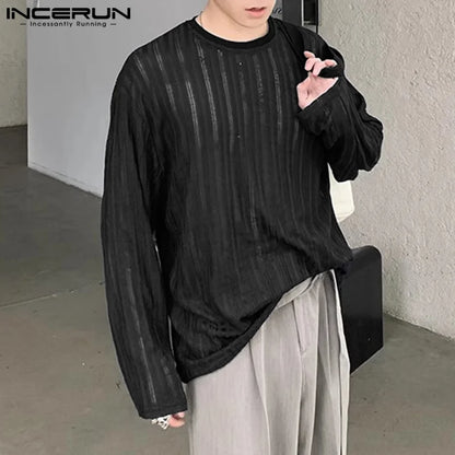 Fashion Casual Style Tops INCERUN 2024 Men's Hollow Texture Vertical Stripe T-shirts Male Thin Knitted O-neck Long Sleeved S-5XL