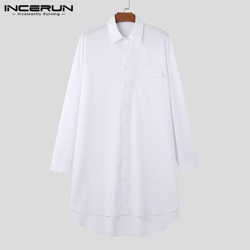 INCERUN Tops 2024 Korean Style Handsome New Mens Irregular Hem Mid Length Shirts Casual Streetwear Male Solid Loose Blouse S-5XL