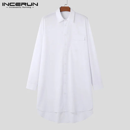 INCERUN Tops 2024 Korean Style Handsome New Mens Irregular Hem Mid Length Shirts Casual Streetwear Male Solid Loose Blouse S-5XL