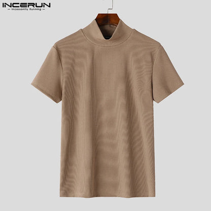 INCERUN Tops 2024 Korean Style Men's Simple Striped Half High neck T-shirt Summer Casual Male Solid Short Sleeved Camiseta S-5XL