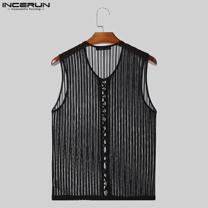 INCERUN Tops 2024 Korean Style Fashion Men Cross Design Drawstring Sleeveless Vests Casual Male See-through Thin Tank Tops S-5XL