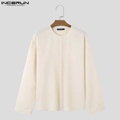 INCERUN Tops 2024 Korean Style Men's Simple Solid Pleated Shirts Casual Streetwear Male Summer O-neck Long Sleeved Blouse S-5XL