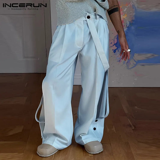 INCERUN 2024 Fashionable Men's Trousers Ribbon Deconstruction Design Pants Casual Well Fitting Personality Solid Pantalons S-5XL