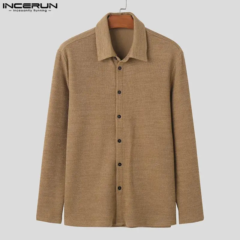 Fashion Well Fitting Tops INCERUN Men's Solid Striped Texture Shirt Casual Streetwear Simple Male Long Sleeved Blouse S-5XL 2024