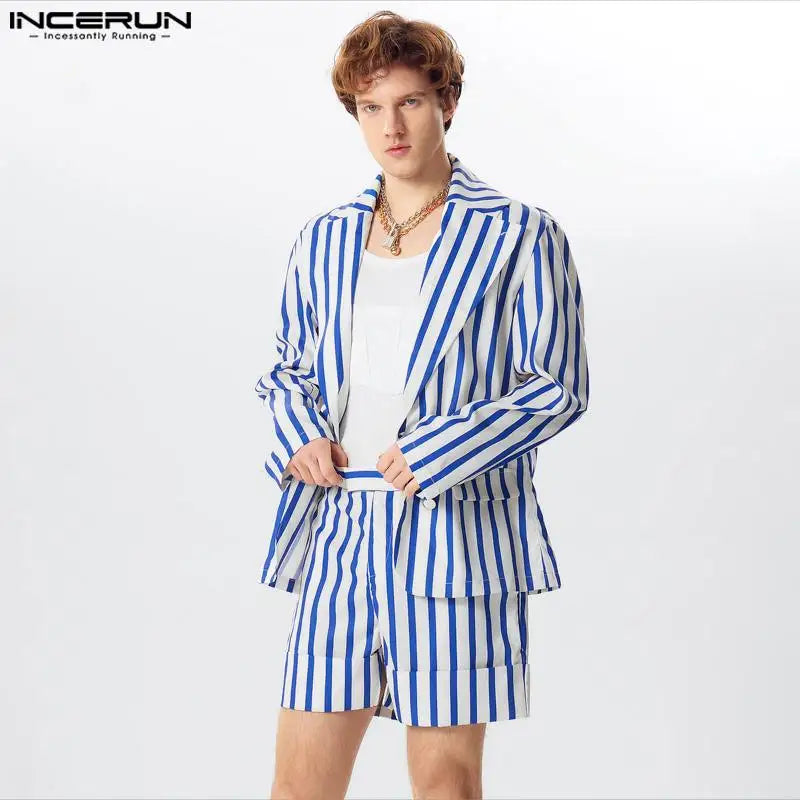 INCERUN 2024 American Style Sets Handsome Men's Fashion Striped Long Sleeved Suit Shorts Casual Streetwear Two-piece Sets S-5XL