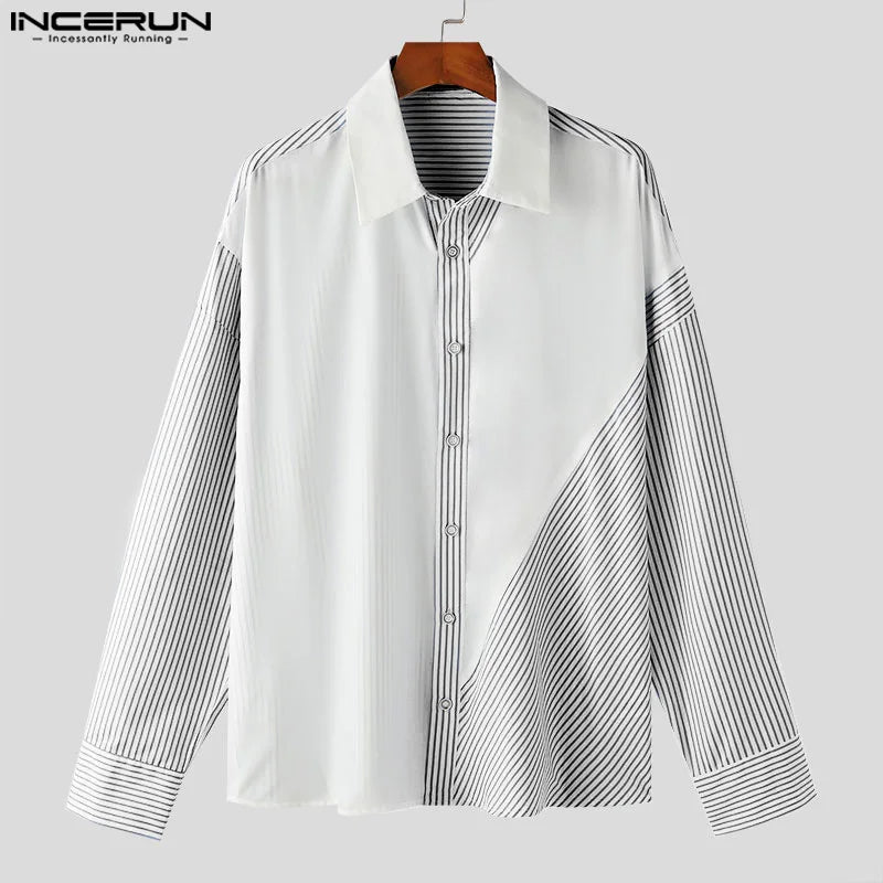 INCERUN Tops  2024 Korean Style New Men's Irregular Striped Design Blouse Casual Simple All-match Long Sleeved Lapel Shirt S-5XL