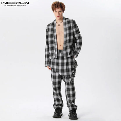 INCERUN 2024 American Style New Men Sets Plaid Cardigan Fake Two-piece Design Long Pants Casual Streetwear Two-piece Sets S-5XL