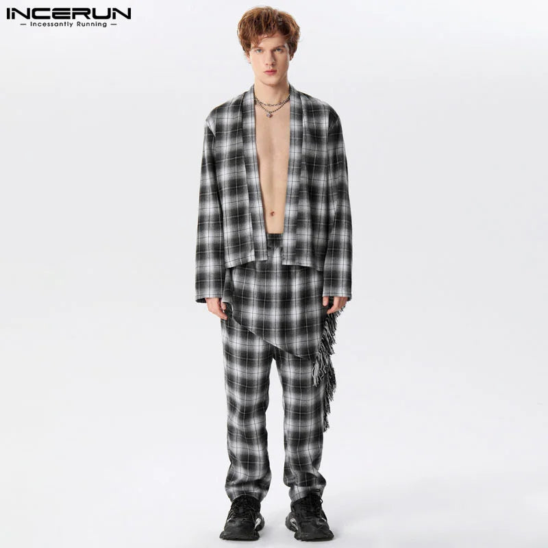 INCERUN 2024 American Style New Men Sets Plaid Cardigan Fake Two-piece Design Long Pants Casual Streetwear Two-piece Sets S-5XL