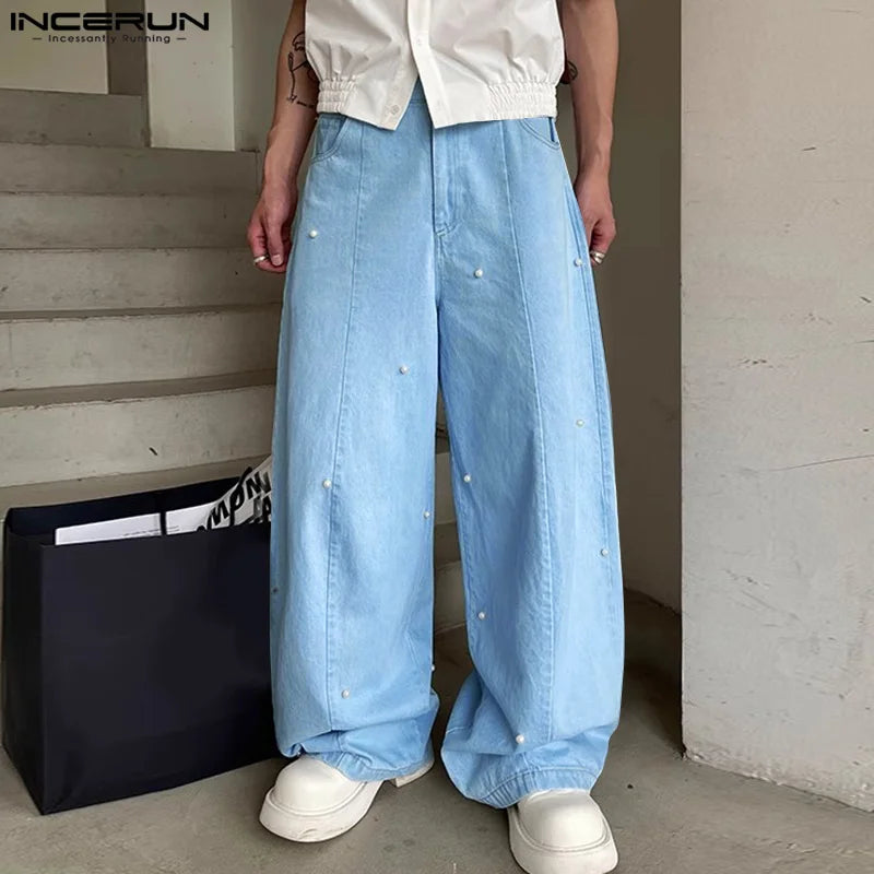 INCERUN 2024 Korean Style Trousers Stylish Men's Pearl Decorative Design Long Pant Leisure Streetwear Male Solid Pantalons S-5XL