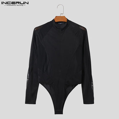 Sexy Fashion Style Jumpsuits INCERUN New Mens Zipper Design Patchwork Mesh Bodysuits Casual Male Long Sleeved Rompers S-3XL 2023