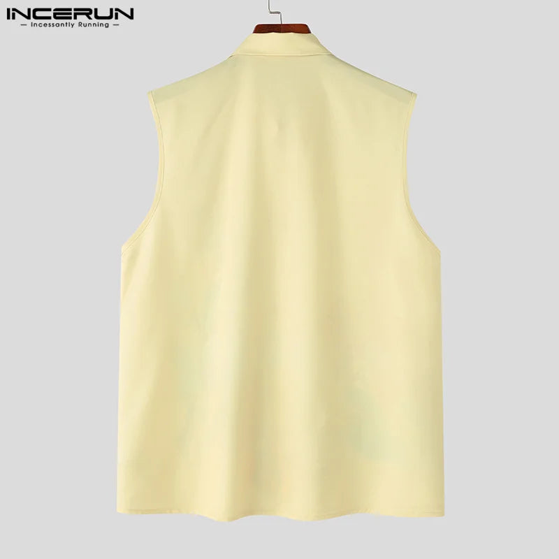 INCERUN Tops 2024 Korean Style Fashion Men's Floral Printed Design Shirts Casual Personality Male Sleeveless Lapel Blouse S-5XL