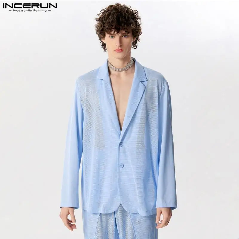 Fashion Well Fitting Tops INCERUN 2024 Men Mesh Hollowed Out Design Suit Coats Casual Streetwear Solid Long Sleeved Blazer S-5XL