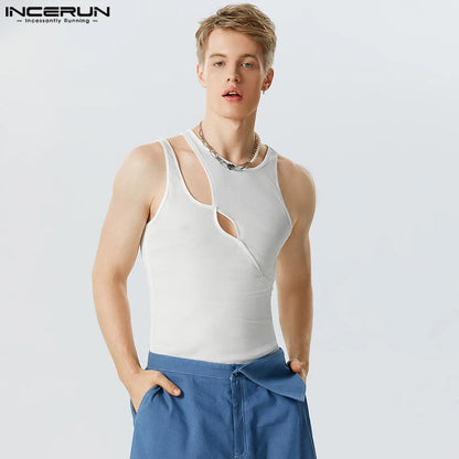 INCERUN Tops 2023 American Style New Men's Irregular Hollow Solid Tight Knit Tank Tops Casual Simple Male Sleeveless Vests S-5XL