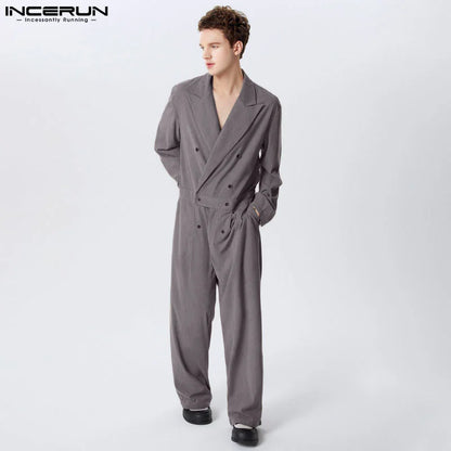 INCERUN 2024 American Style Rompers Stylish Men Solid Texture Jumpsuits Leisure Simple Male Striped Long Sleeved Jumpsuits S-5XL