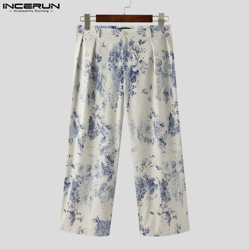 INCERUN 2024 Hose im koreanischen Stil, stilvolle lange Hose mit Blumenmuster für Herren, Freizeit-Streetwear, einfache Pantalons mit geradem Bein, S-5XL