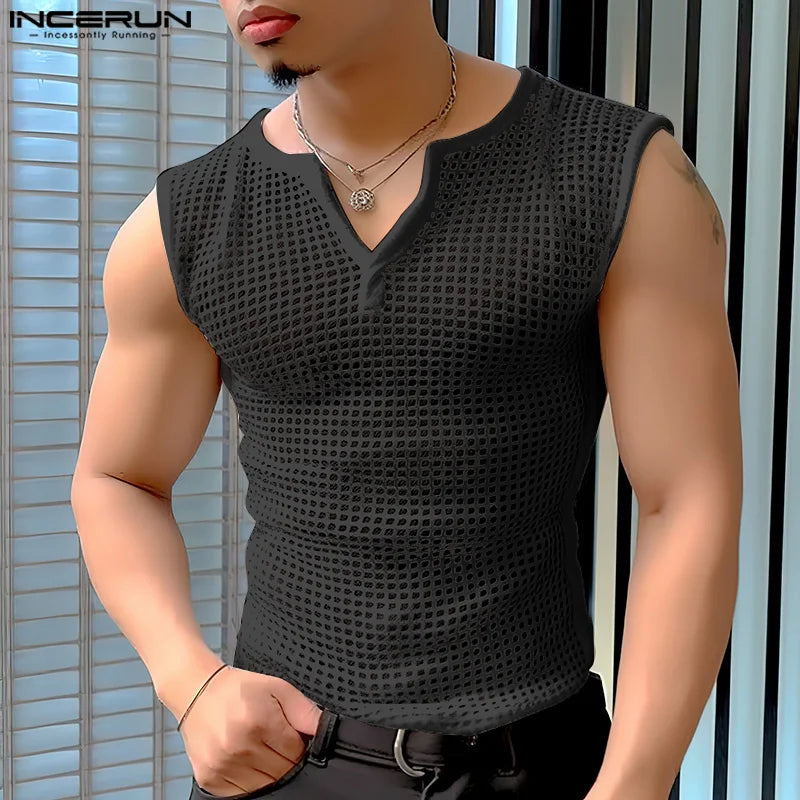 INCERUN Tops 2024 Koreanische Stil Neue Herrenmode V-ausschnitt Mesh Aushöhlen Westen Casual Streetwear Männlichen Ärmellose Tank Tops S-5XL