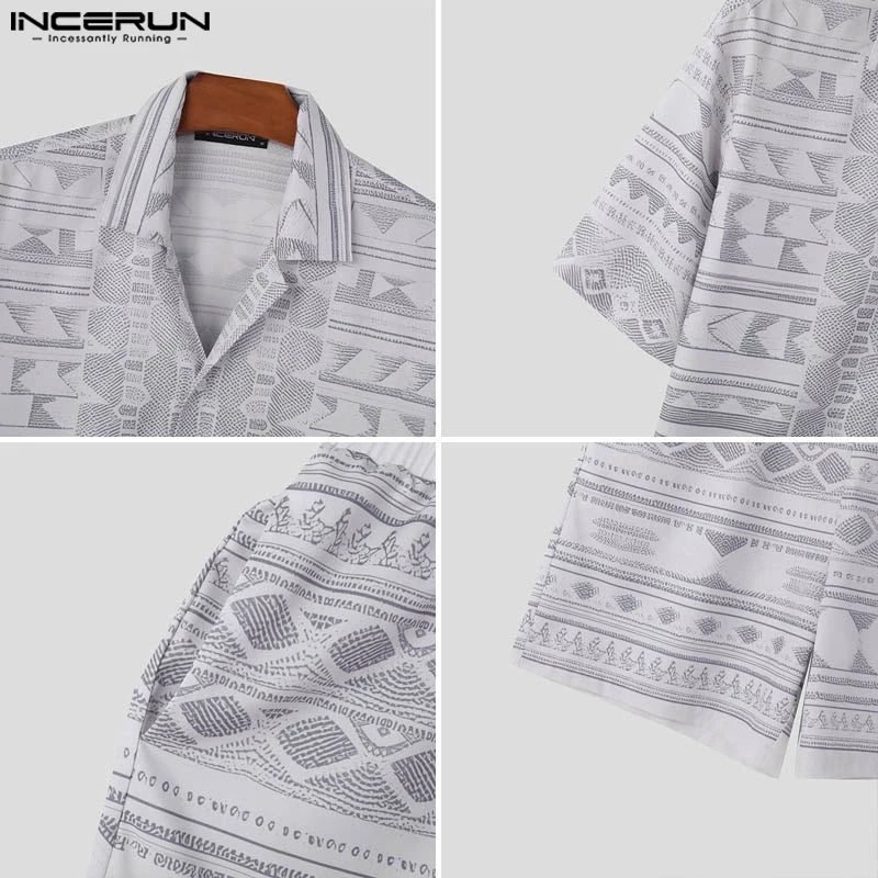 INCERUN 2024 Korean Style Sets Men's Summer Short Sleeved Shirts Shorts Fashion Sexy Male Irregular Printed Two-piece Sets S-5XL