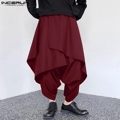 INCERUN 2024 Korean Style Men's Pantalons Multi-level Design Large Crotch Trousers Male Casual Loose Irregular Solid Pants S-5XL