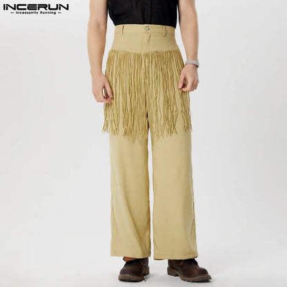 INCERUN 2024 American Style Trousers Mens Thin Fringe Patchwork Straight Pant Leisure Clubwear Personality Solid Pantalons S-5XL