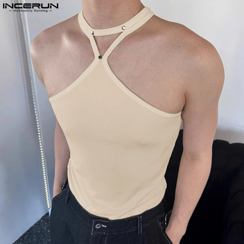 Summer Stylish Tops INCERUN Sexy Mens Elastic Tight Hanging Neck Tank Tops Male Casual Solid Knitted Sleeveless Vests S-5XL 2024