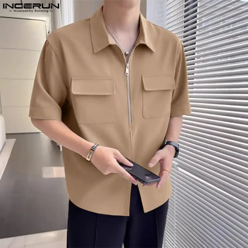 INCERUN Tops 2023 Korean Style New Men Half Zip Lapel Pocket Shirts Casual Streetwear Male Solid Short Sleeve Lapel Blouse S-5XL