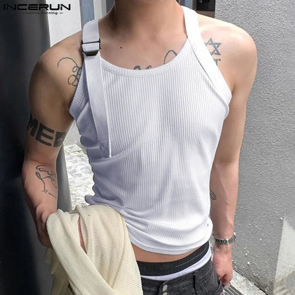 INCERUN Tops 2024 Korean Style Men's Knitted Shoulder Strap Design Vests Summer Streetwear Male Sleeveless Solid Tank Tops S-5XL