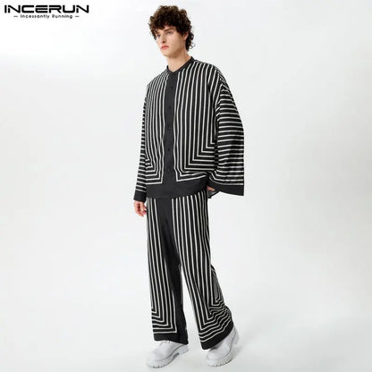 INCERUN 2024 American Style Sets New Men's Stylish Striped Stand Collar Shirts Long Pants Leisure Streetwear Suit 2 Pieces S-5XL