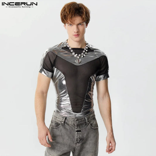 INCERUN 2024 Sexy Casual Mens Loungewear Flash Splicing Mesh Design Bodysuits Stylish Male Short Sleeve Triangle Jumpsuits S-3XL