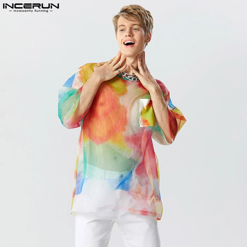 INCERUN Tops 2023 Style américain Nouveaux hommes colorés Tie Dye transparent maille T-shirts décontracté fête 3/4 manches mince Camiseta S-5XL