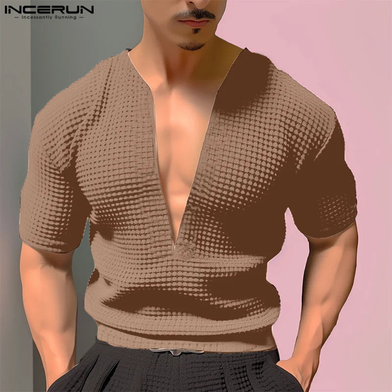 INCERUN Tops 2024 Korean Style Fashion New Men V-neck Texture T-shirts Casual Streetwear Male Solid Short Sleeved Camiseta S-5XL