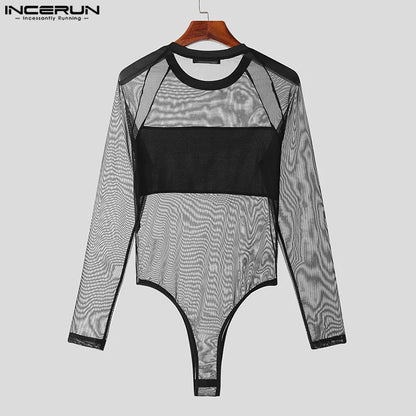 Sexy Homewear Body INCERUN Männer Spleißen Sehen-durch Dünne Mesh Overalls Stilvolle Heißer Verkauf Männlichen Langarm Strampler S-5XL 2023